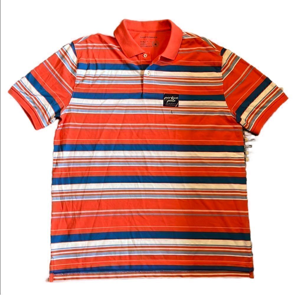 NWT Saddlebred Men’s Large Salmon Pink/Blues/White Striped Relaxed Fit Polo